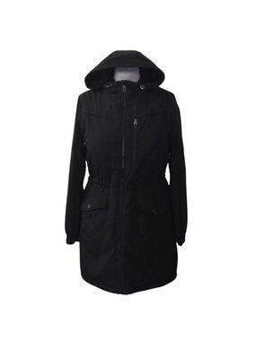 Lucky Brand Parka Coat Womens M Black Faux Fur Lined Hooded Mid Length Jacket